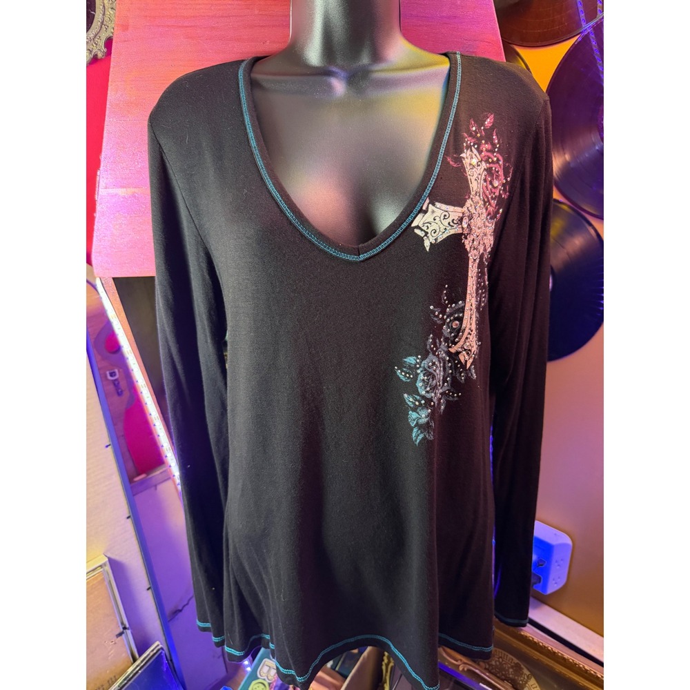 Liberty Wear Womens Black Rhinestone Cross Winged Long Sleeve V-Neck Top Large
